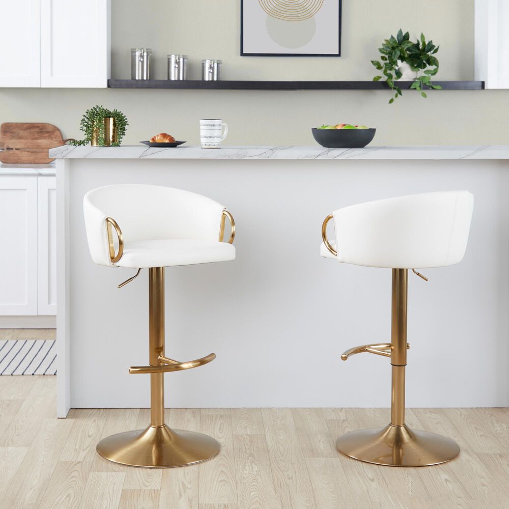 LumiSource Claire Swivel Adjustable Barstool with White Faux Leather Upholstery in Gold (Set of 2), , large