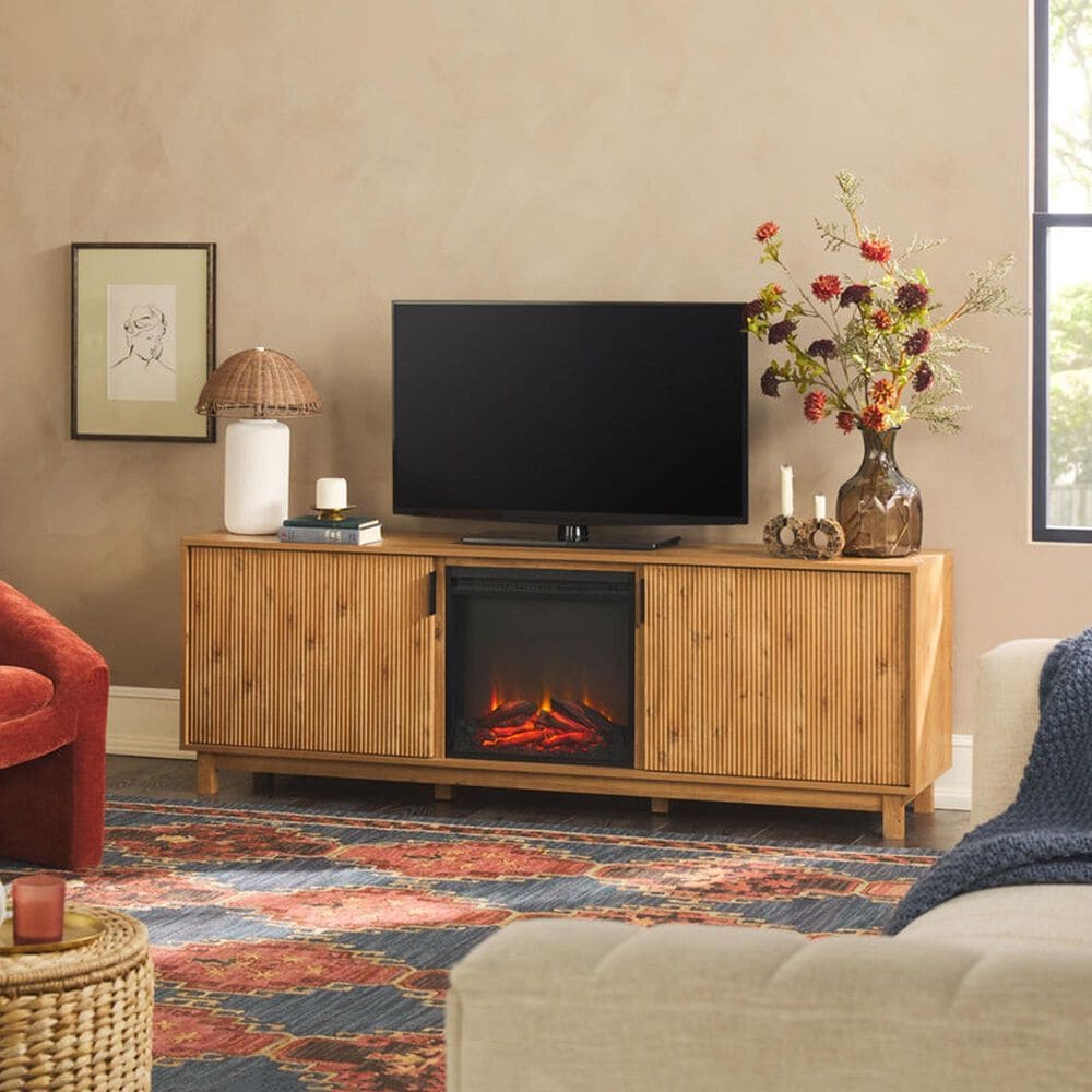 Walker Edison Arundo 70&quot; TV Stand with Freestanding Electric Fireplace in English Oak, , large
