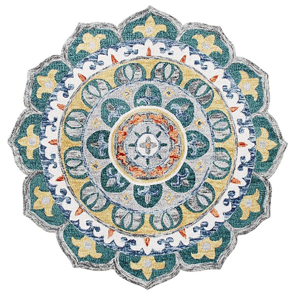 L&R Resources Sinuous Radiant Mandala Medallion 4" Scalloped Teal, Yellow, White and Orange Area Rug, , large