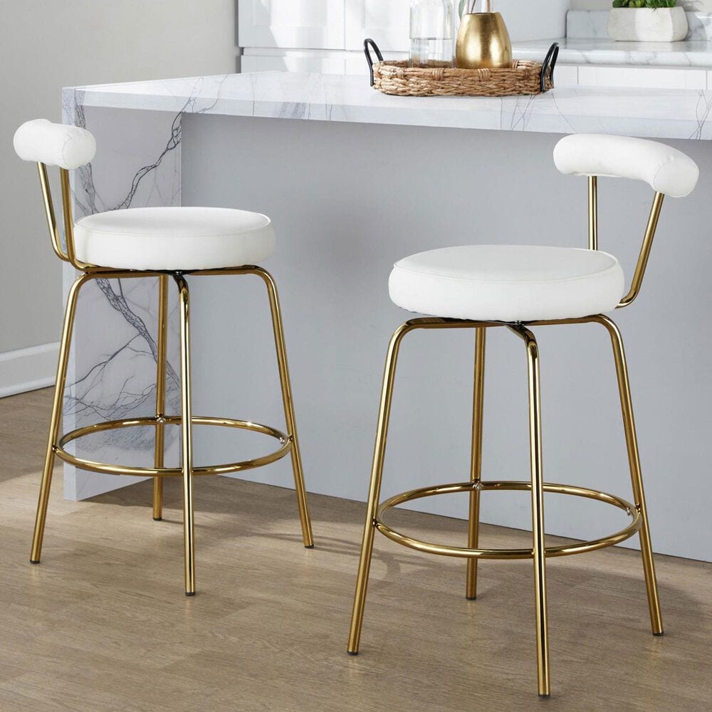 Lumisource Rhonda Swivel Counter Stool with White Cushion in Gold &#40;Set of 2&#41;, , large
