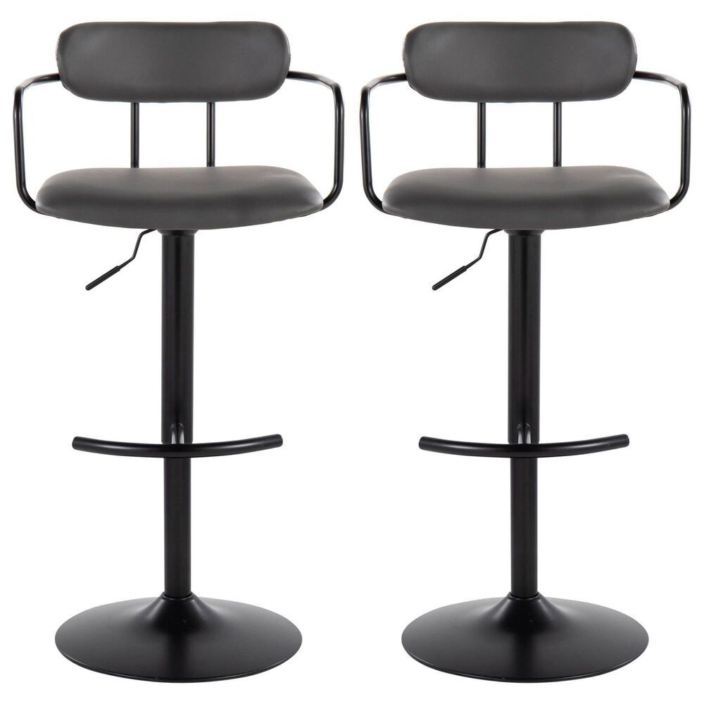 LumiSource Demi Swivel Adjustable Bar Stool with Grey Upholstery in Black (Set of 2), , large