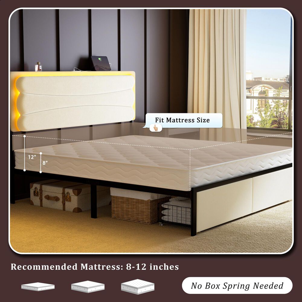 HOMLUX Queen Upholstered Platform Storage Bed Frame in Beige, , large