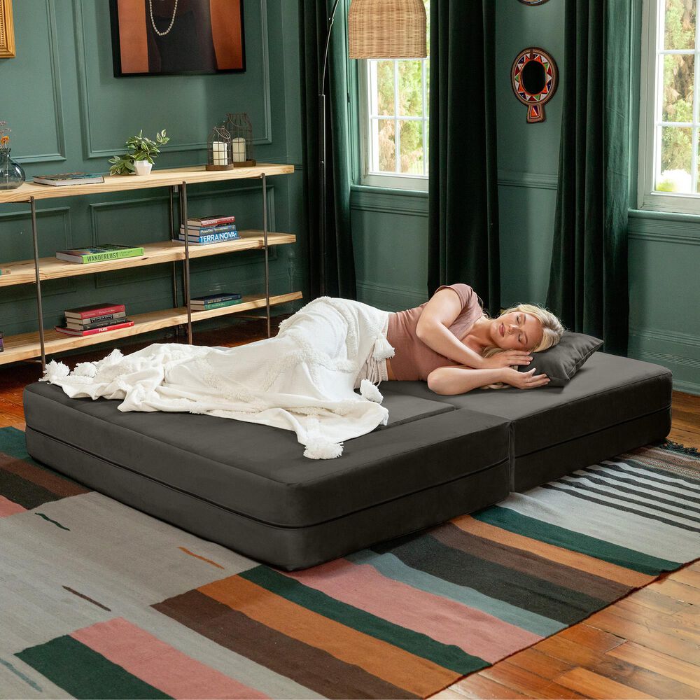Jaxx Zipline 3-Piece Stationary Convertible Sleeper Loveseat in Charcoal Velvet, , large
