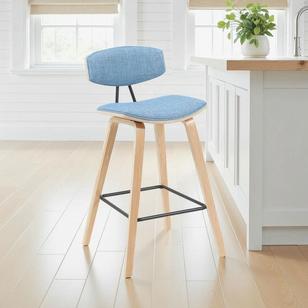 Armen Living Fox Counter Height Stool with Light Blue Upholstery in Patterned Oak, , large