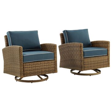 Crosley Furniture Bradenton 2-Piece Patio Swivel Rocker Chair Set with Navy Cushion in Weathered Brown, , large