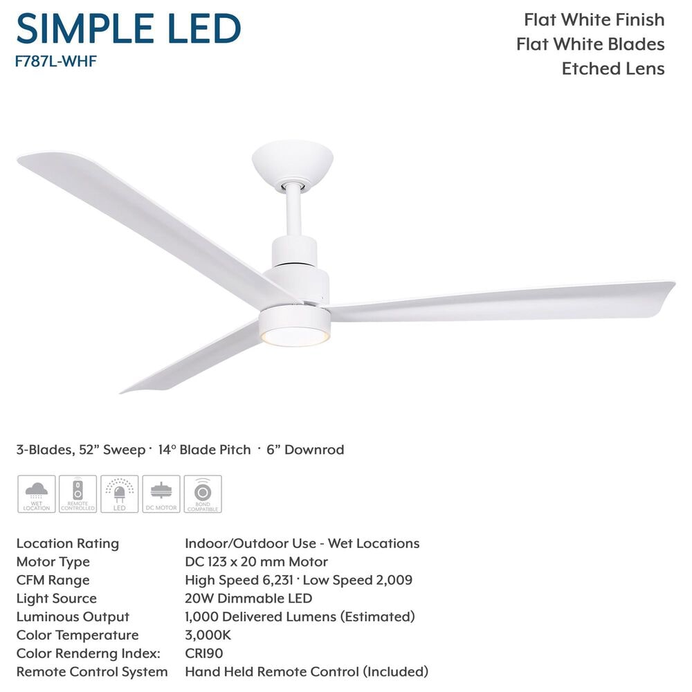 Minka-Aire Simple 52" Indoor/Outdoor Ceiling Fan with LED Light in Flat White, , large