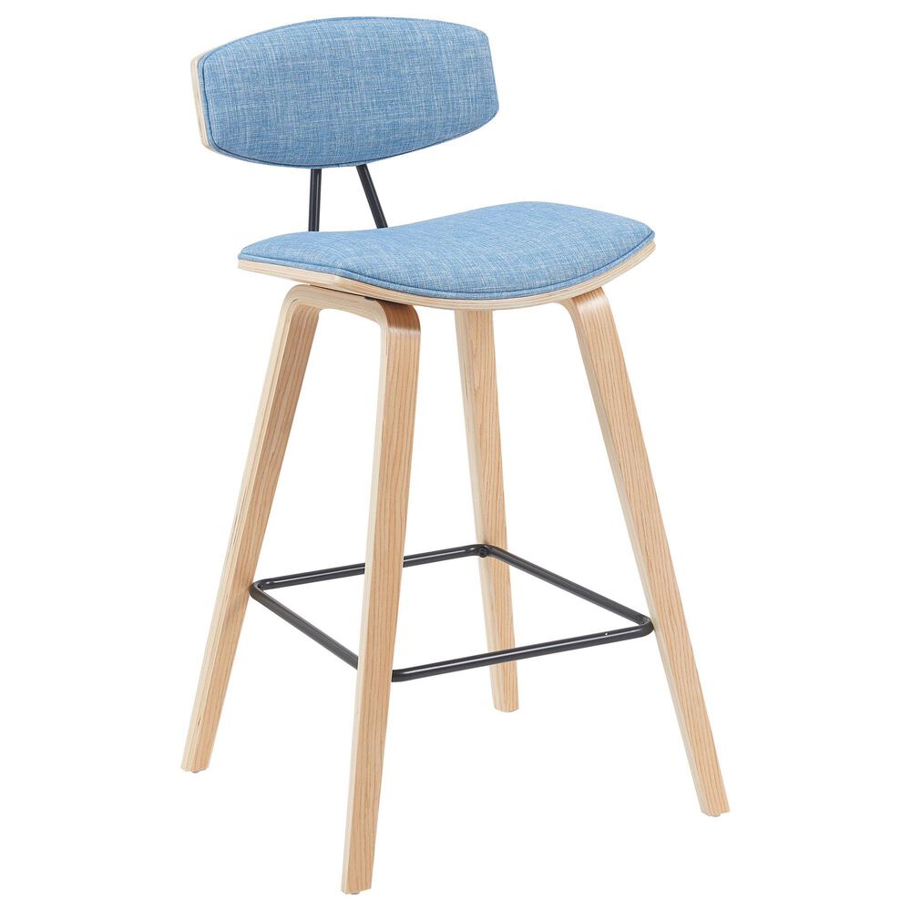 Armen Living Fox Bar Height Stool with Light Blue Upholstery in Patterned Oak, , large