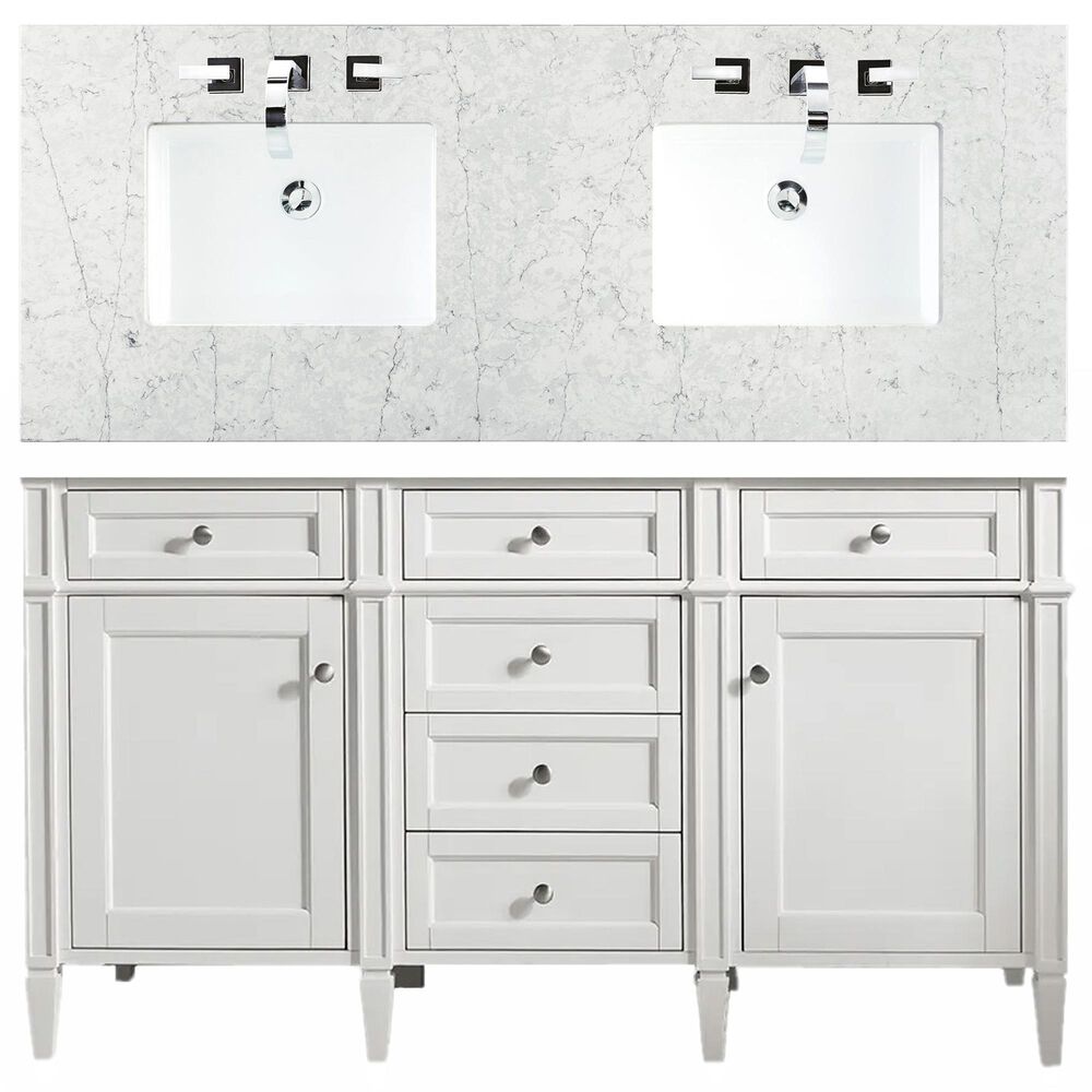 James Martin Vanities Brittany 60" Double Bathroom Vanity in Bright White with 3 cm Eternal Jasmine Pearl Quartz Top, , large