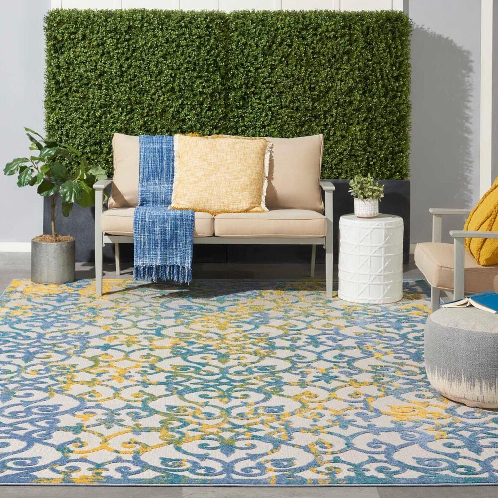 Nourison Aloha 7&#39; x 10&#39; Ivory and Blue Indoor/Outdoor Area Rug, , large