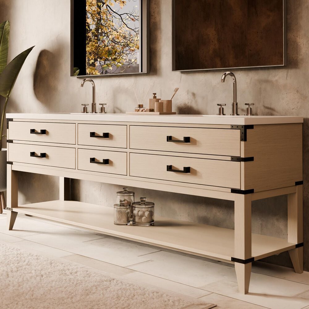 Lexora Home Norwalk 84" Double Bathroom Vanity in White Oak with White Quartz Top and Rectangular Sinks, , large