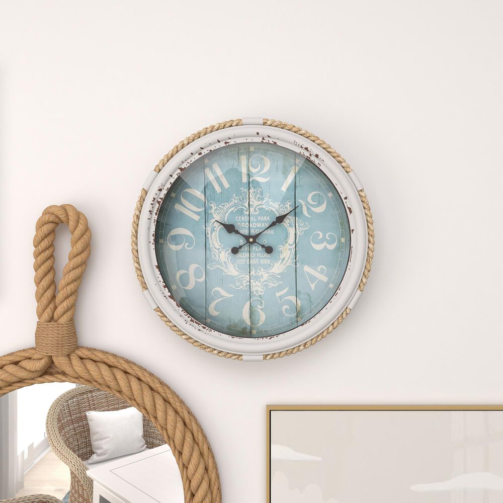 Maple and Jade 17&quot; Wall Clock in Distressed White and Blue, , large