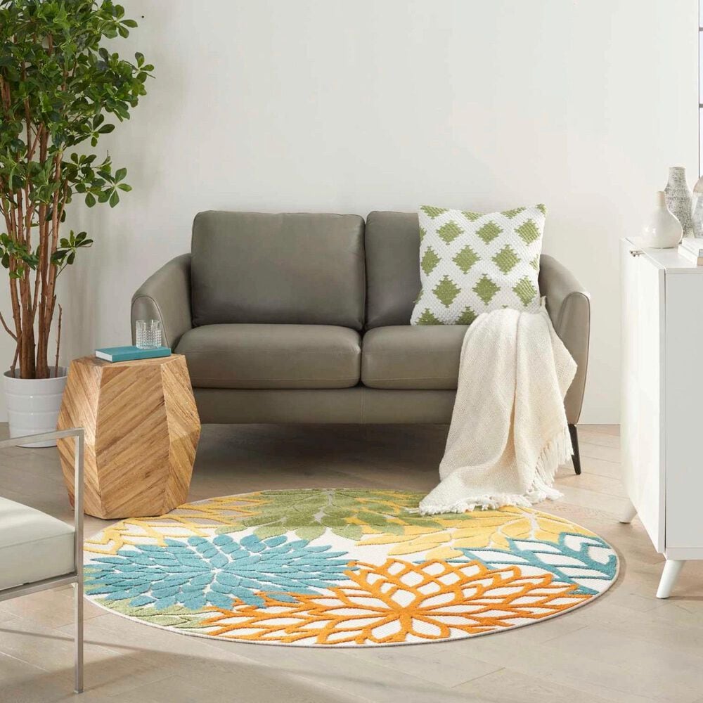 Nourison Aloha 4" Round Turquoise and Multicolor Indoor/Outdoor Area Rug, , large