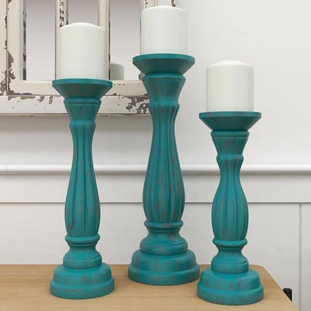 Maple and Jade Turned Pillar Decorative Candle Holder in Distressed Blue and Brown &#40;Set of 3&#41;, , large