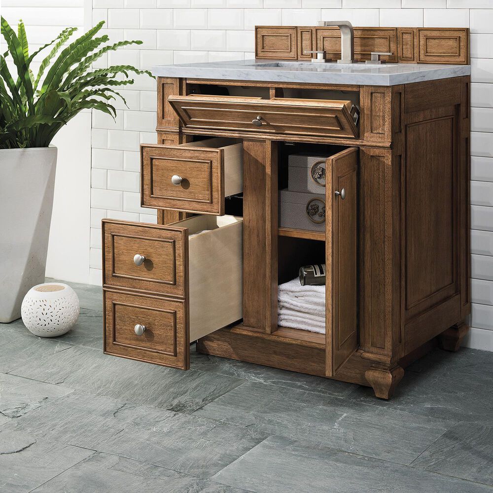 James Martin Vanities Bristol 30&quot; Single Bathroom Vanity in Saddle Brown with 3 cm Eternal Jasmine Pearl Quartz Top and Rectangular Sink, , large