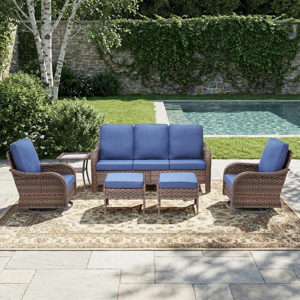 Sunwell Garden 14.4" Ottoman with Navy Cushion in Brown (Set of 2), , large