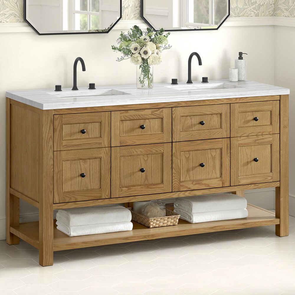 James Martin Vanities Breckenridge 60&quot; Double Bathroom Vanity in Light Natural Oak with 3 cm Arctic Fall Solid Surface Top and Rectangular Sinks, , large