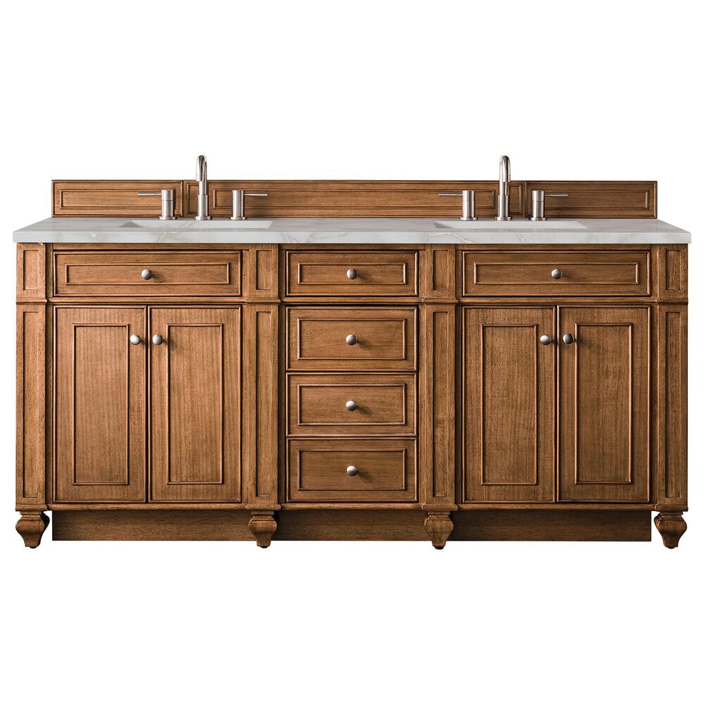 James Martin Vanities Bristol 72" Double Bathroom Vanity in Saddle Brown with 3 cm Victorian Silver Quartz Top and Rectangular Sinks, , large