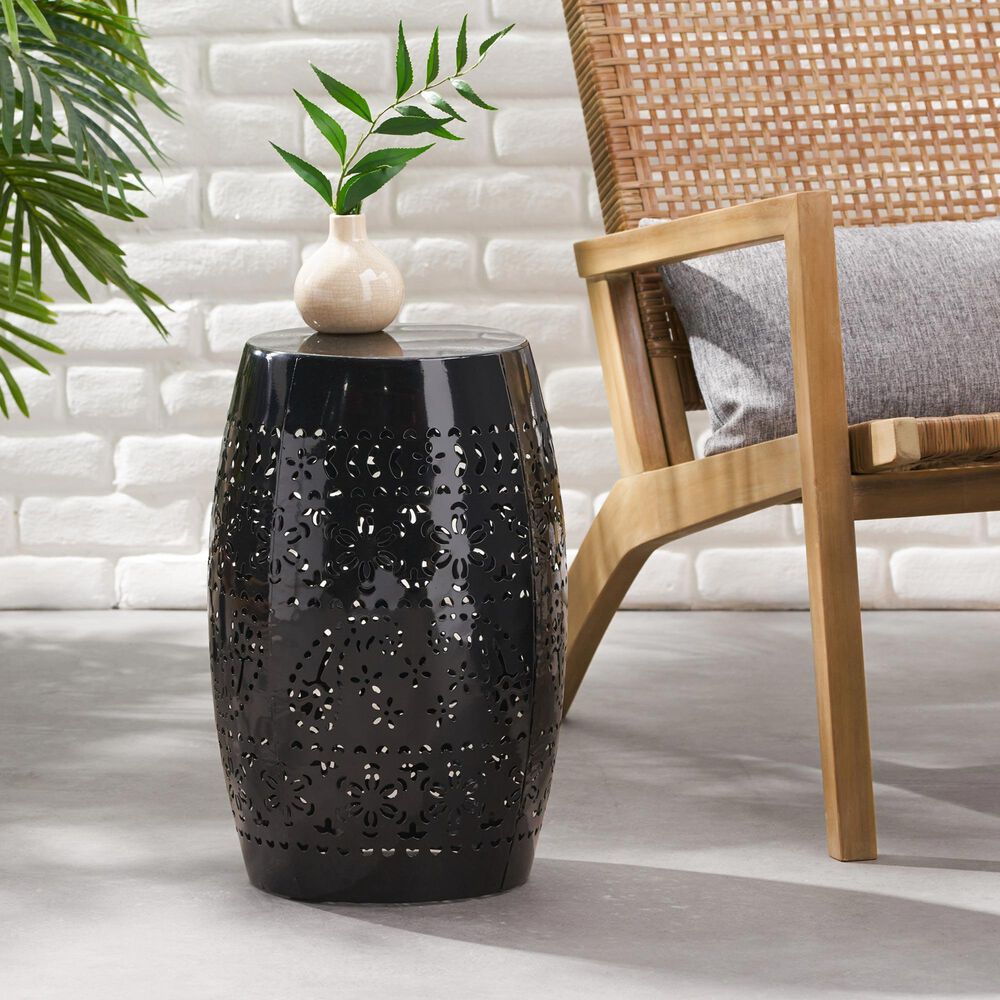 Hearth and Haven Ruby Outdoor Barrel End Table with Lace-Cut Design in Black, , large