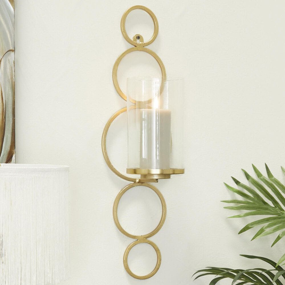 Maple and Jade 25&quot; Stacked Circle Single Indoor/Outdoor Wall Mount Candle Holder in Satin Gold and Clear, , large