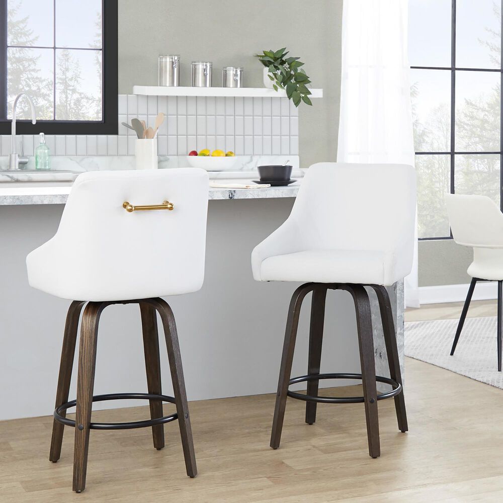 LumiSource Hannah Swivel Counter Stool with White Faux Leather Upholstery in Walnut and Black (Set of 2), , large