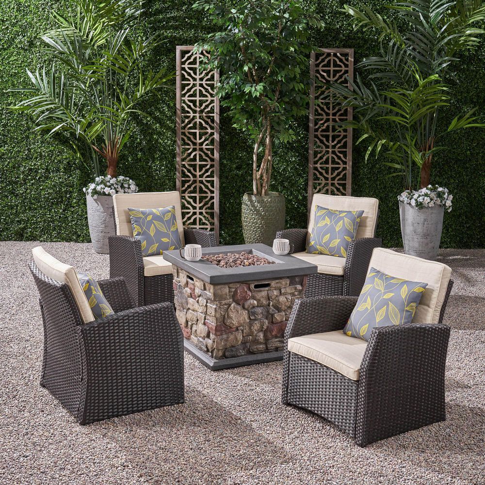 Noble House St. Marta 5-Piece Patio Fire Pit Chat Set in Beige, , large