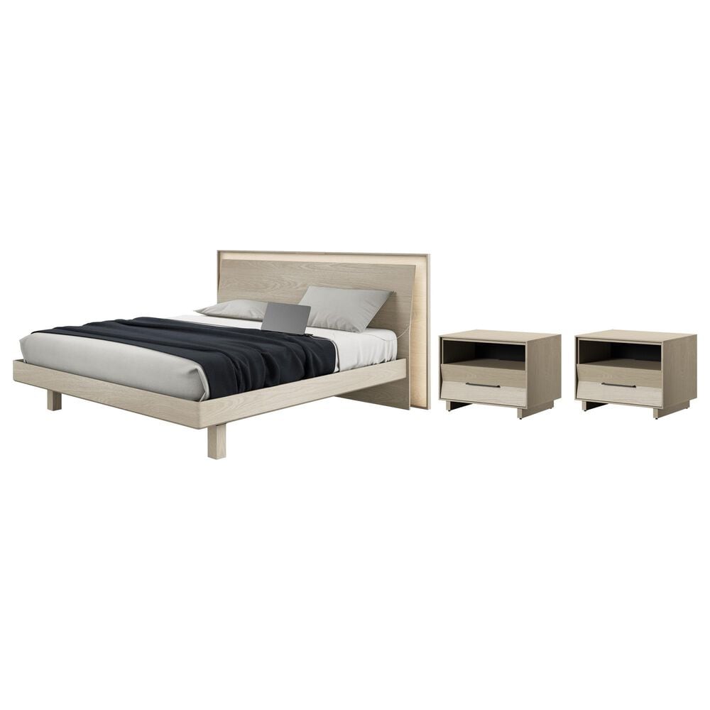 BDI Kara Queen Platform Bed and Two Nightstands in Washed Oak, , large