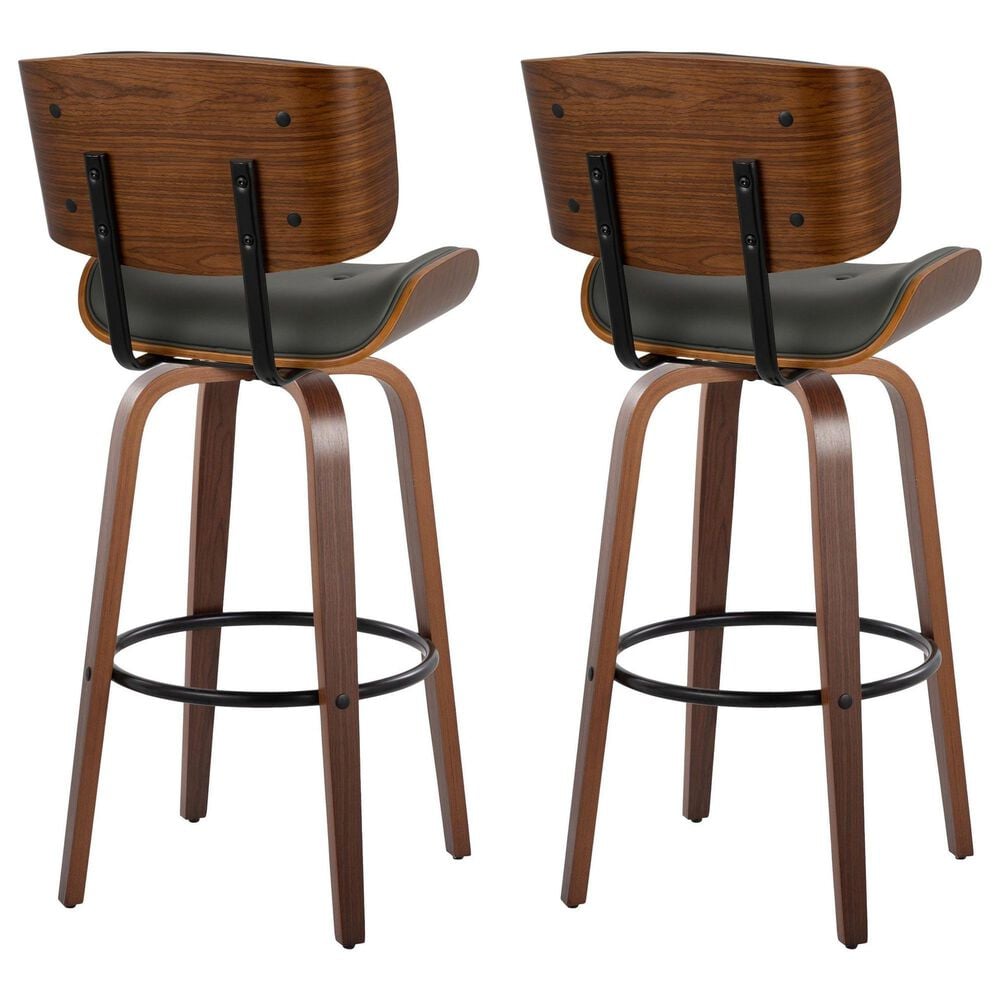 LumiSource Lombardi 30" Swivel Barstool with Grey Faux Leather Upholstery in Walnut and Black (Set of 2), , large