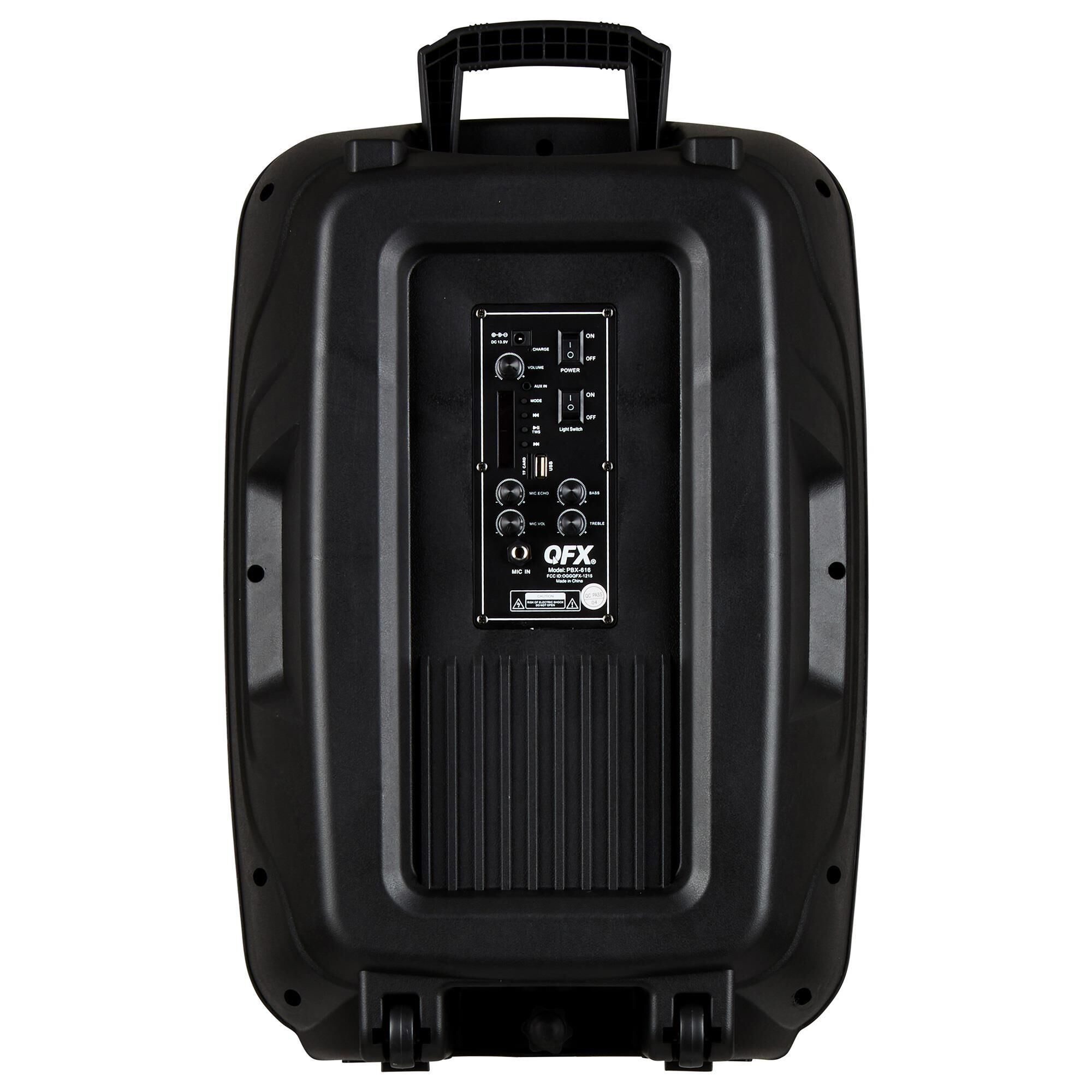 QFX PBX-616SM 15" Bluetooth Rechargeable Speaker With Led Lights Mic And Stand