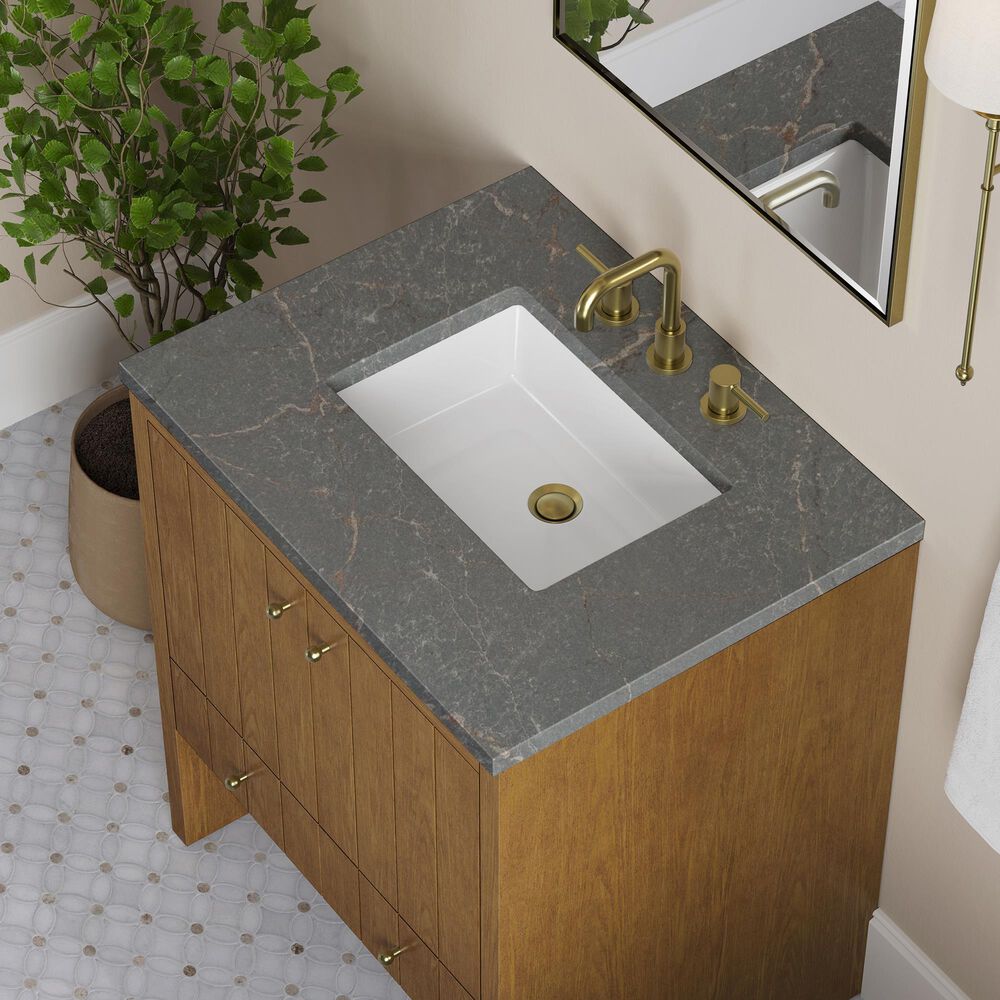 James Martin Hudson 30" Single Bathroom Vanity in Honey Oak with 3 cm Parisien Bleu Silestone Top and Rectangular Sink, , large