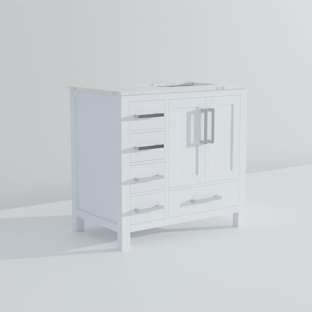 Lexora Home Jacques 36&quot; Right Offset Single Bathroom Vanity in White with 2 cm White Carrara Marble Top and Rectangular Sink, , large