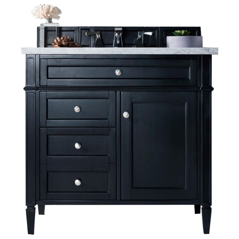 James Martin Vanities Brittany 36" Single Bathroom Vanity in Black Onyx with 3 cm Carrara White Marble Top and Rectangle Sink, , large