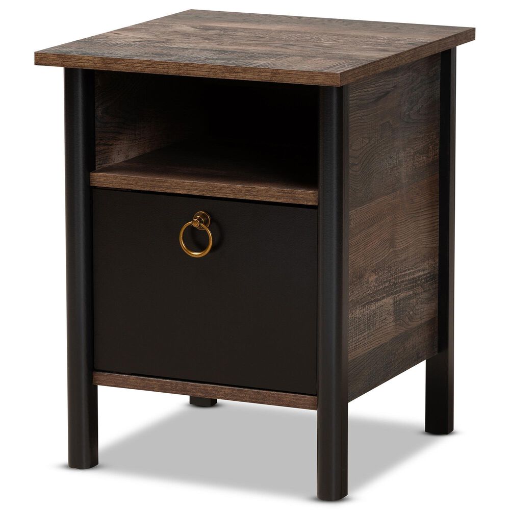 Baxton Studio Vaughan 1-Door Nightstand in Dark Brown, Rustic Brown and Black, , large