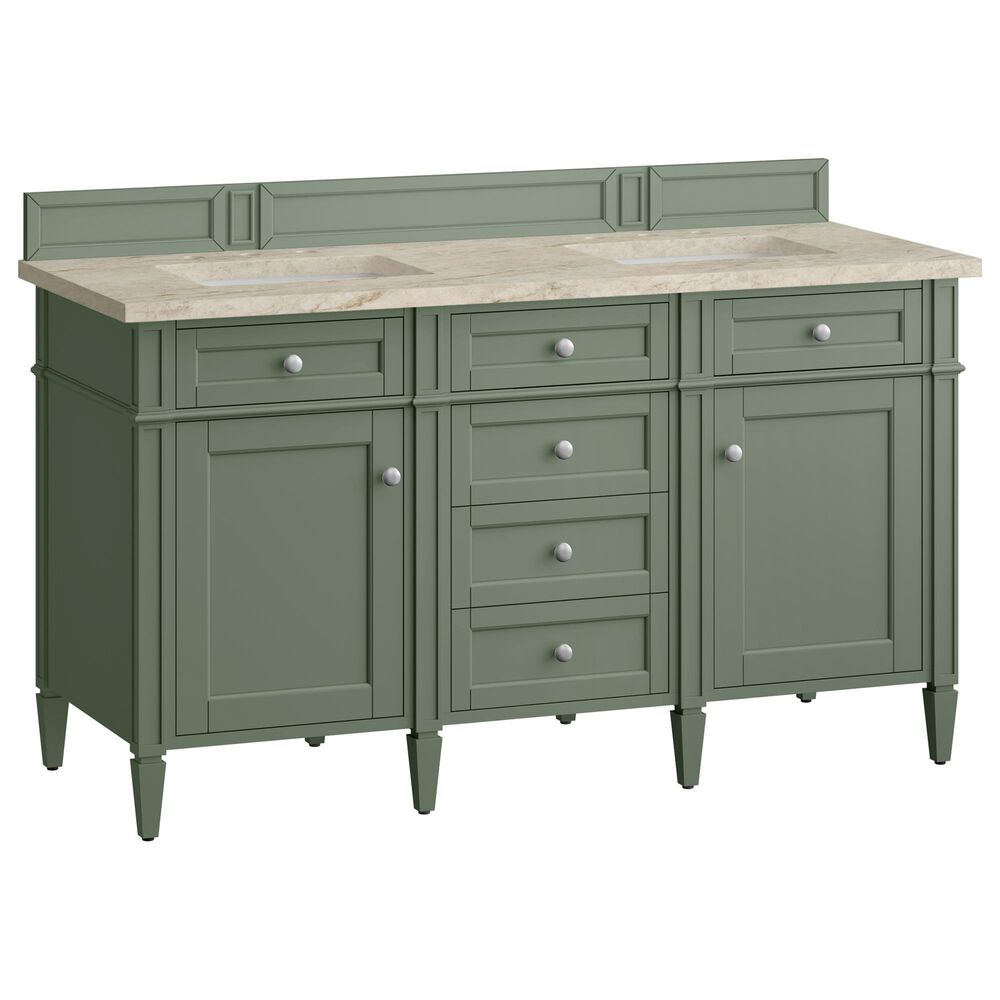 James Martin Brittany 60" Double Bathroom Vanity in Smokey Celadon with 3 cm Tajnar Eclos Top and Rectangular Sinks, , large