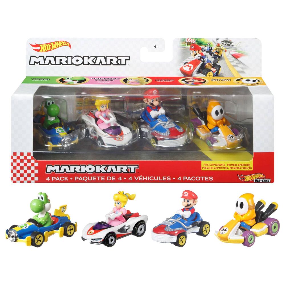 Hot Wheels Mario Kart Toy Character Vehicle 4-Pack - Mario, Yoshi, Princess Peach, Orange Shy Guy, , large