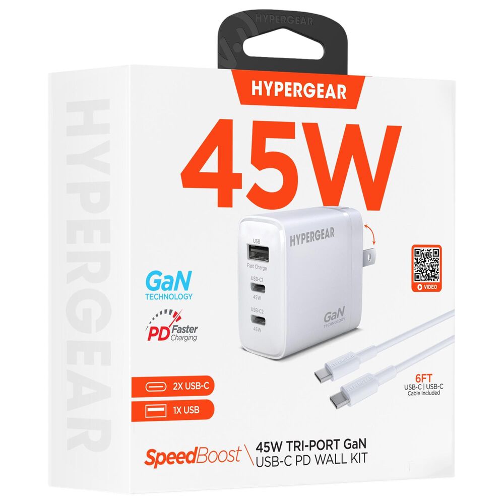 Hypercel SpeedBoost 45W PD Wall Charger with 6ft USB-C Cable in White, , large