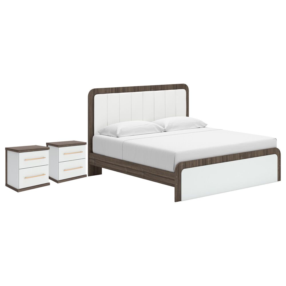 Ashley Kendanport King Upholstered Bed with Two Nightstands in Brown and White, , large
