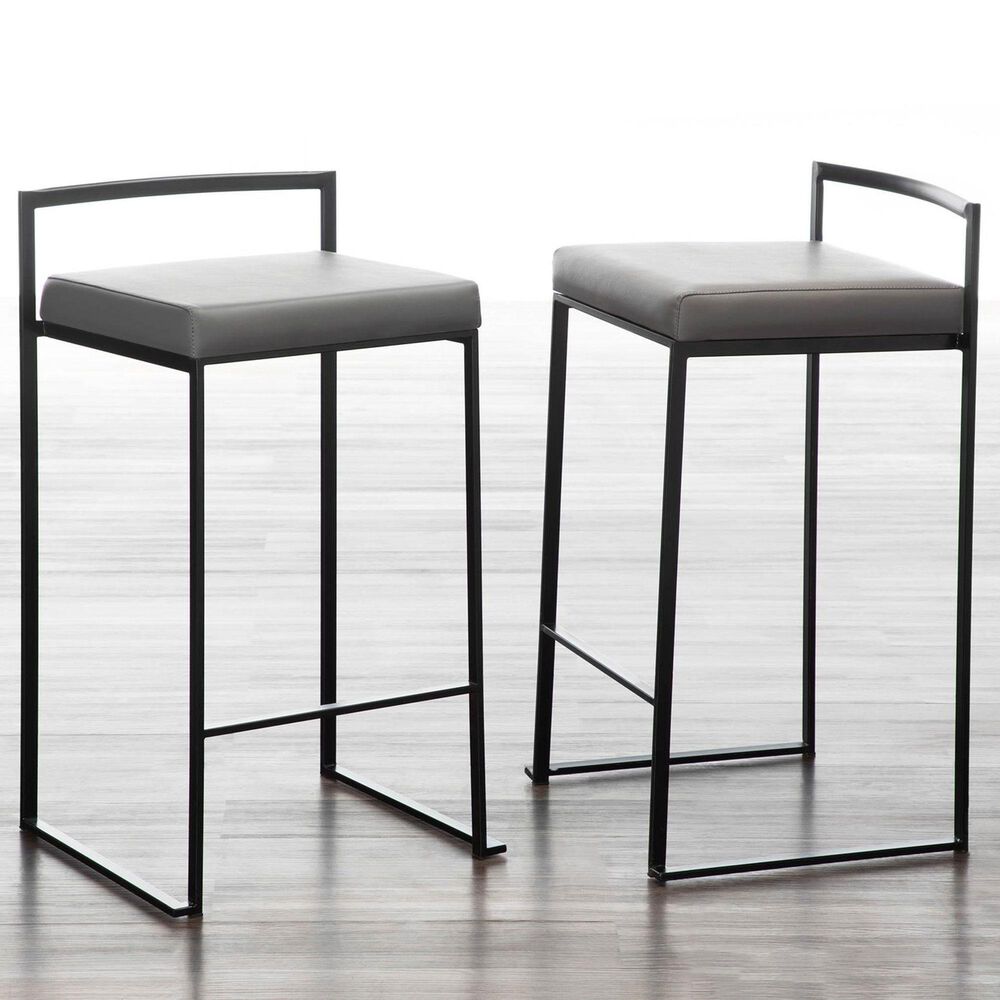 Lumisource Fuji Stackable Counter Stool with Grey Faux Leather Cushion in Black &#40;Set of 2&#41;, , large