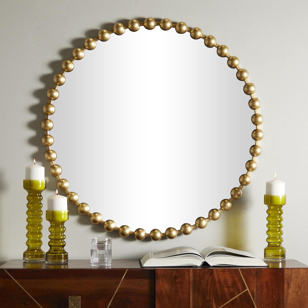Maple and Jade 36&quot; Round Metal Wall Mirror with Beaded Detailing in Satin Gold, , large