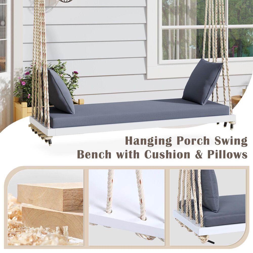 Hearth and Haven Topmax Outdoor Hanging Porch Swing Bench with Dark Gray Cushion in White, , large