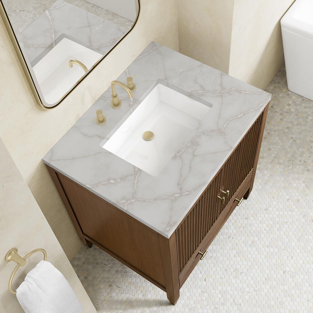 James Martin Myrrin 30" Single Bathroom Vanity in Mid-Century Walnut with 3 cm Victorian Silver Silestone Top and Rectangular Sink, , large