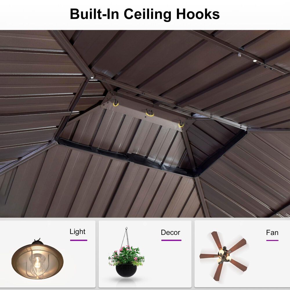HOMLUX 10' x 14' Outdoor Hardtop Gazebo with Galvanized Steel Double Roof in Brown, , large