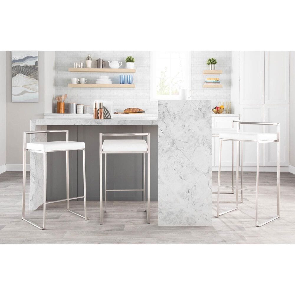Lumisource Fuji Stackable Counter Stool with White Faux Leather in Brushed Stainless Steel &#40;Set of 2&#41;, , large