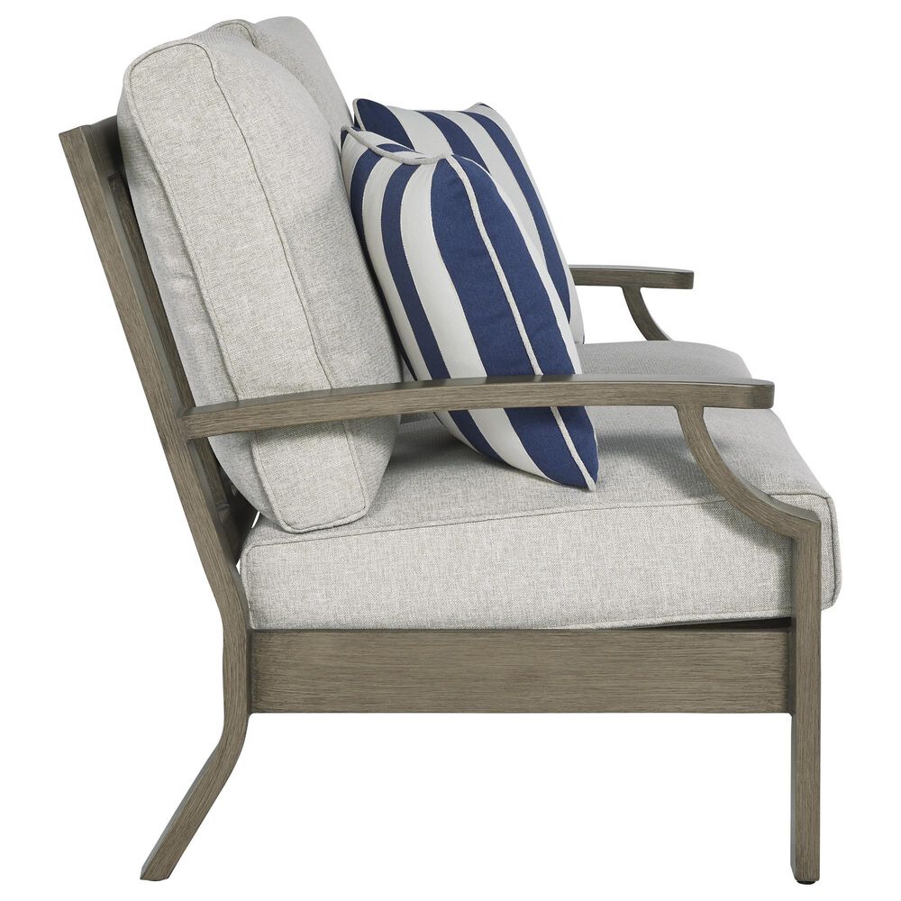 Ashley Rainier Ranch Outdoor Loveseat with Beige Cushion in Brown, , large