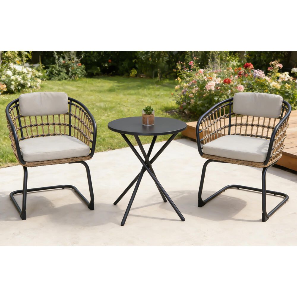 Hearth and Haven 3-Piece Outdoor Round Bistro Set with Beige Cushion in Black, , large