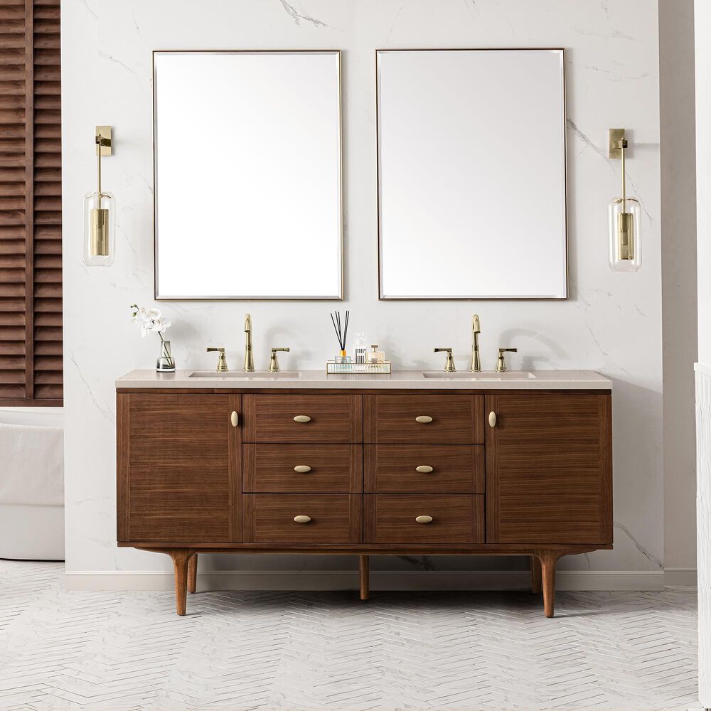 James Martin Vanities Amberly 72&quot; Double Bathroom Vanity in Walnut with 3 cm Carrara White Marble Top and Rectangular Sinks, , large