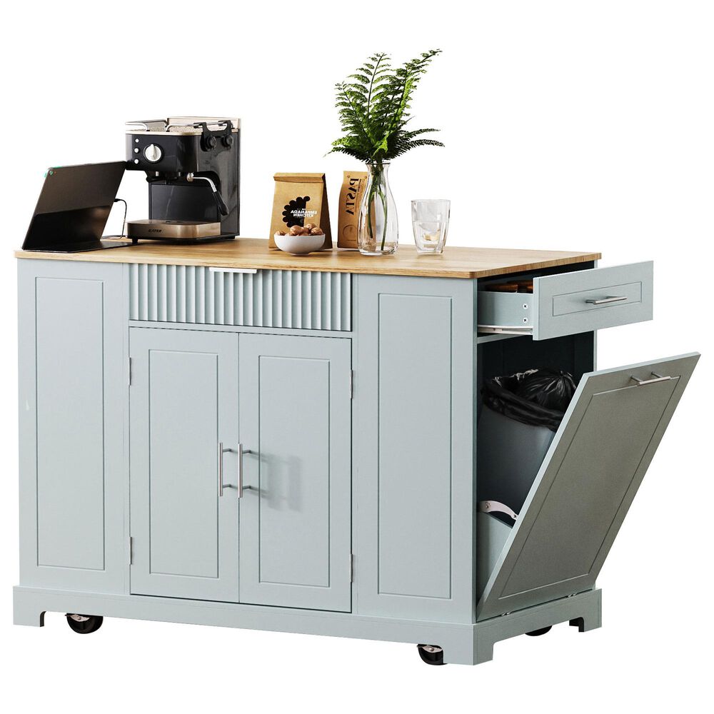 HOMLUX 47" Fluted Kitchen Island with Trash Can Storage Cabinet in Grey, Blue and Natural, , large