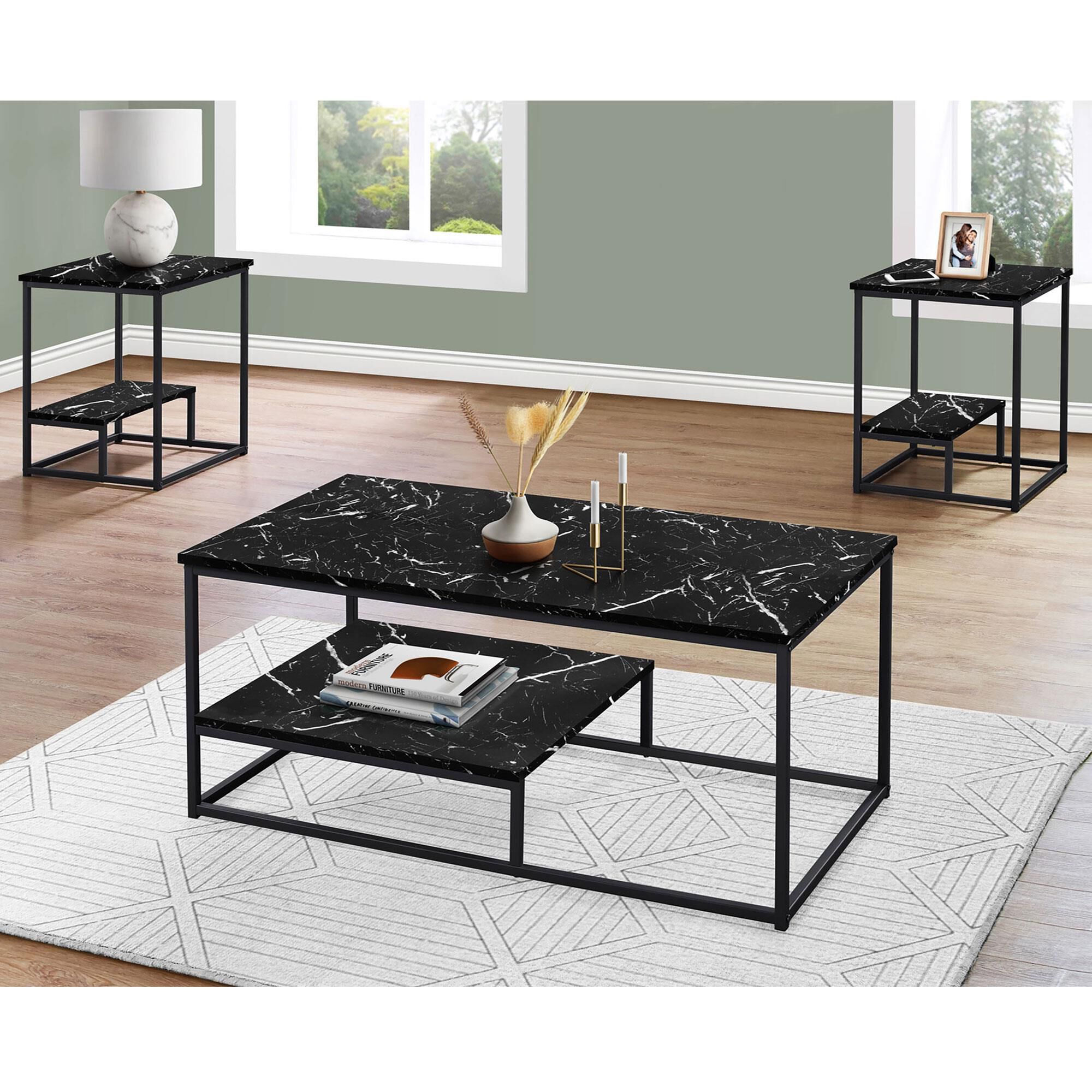 Monarch Specialties 3 Piece 2 Tier Table Set with Shelf in Black NFM