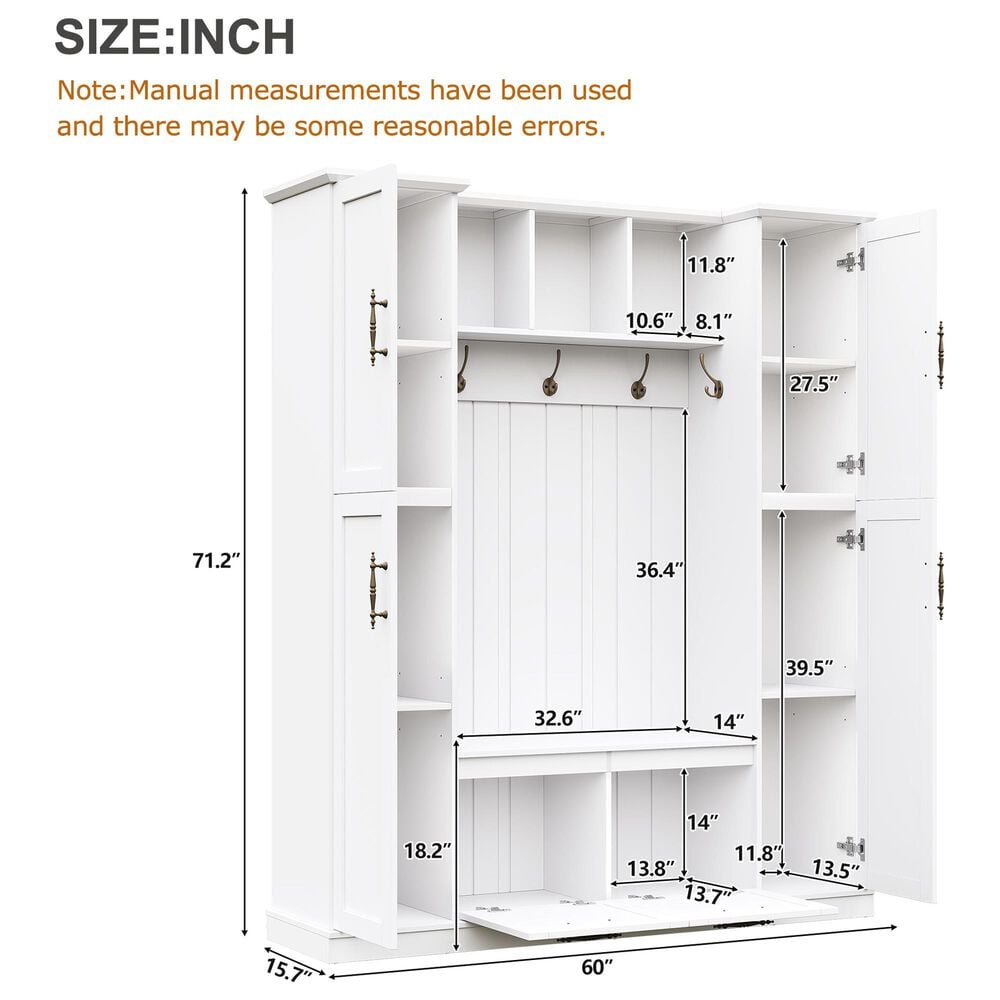 HOMLUX 5-Hook Hall Tree with 4 Side Cabinets and Storage Bench in White, , large