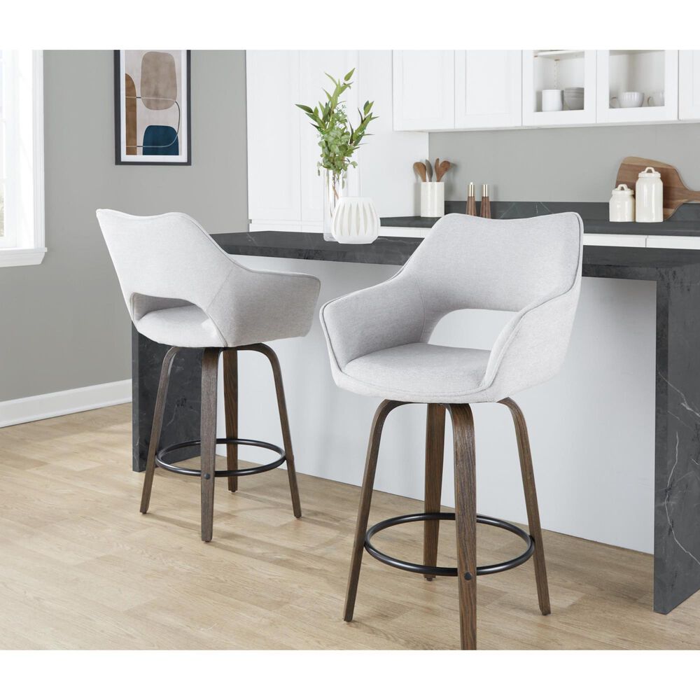LumiSource Mustang 26" Swivel Counter Stool with Grey Fabric Upholstery in Glazed Walnut and Black (Set of 2), , large