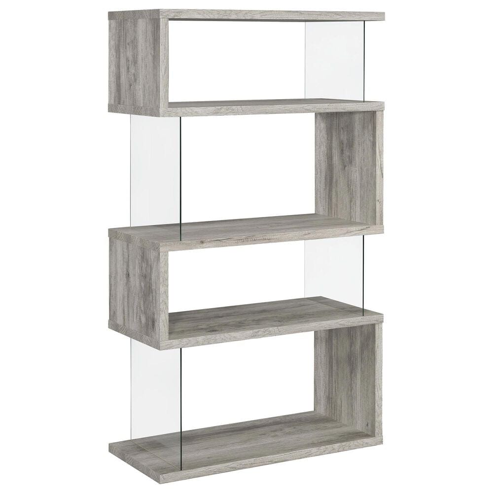 Coaster Emelle 4-Shelf Bookcase with Glass Panel in Light Grey Driftwood and Clear, , large